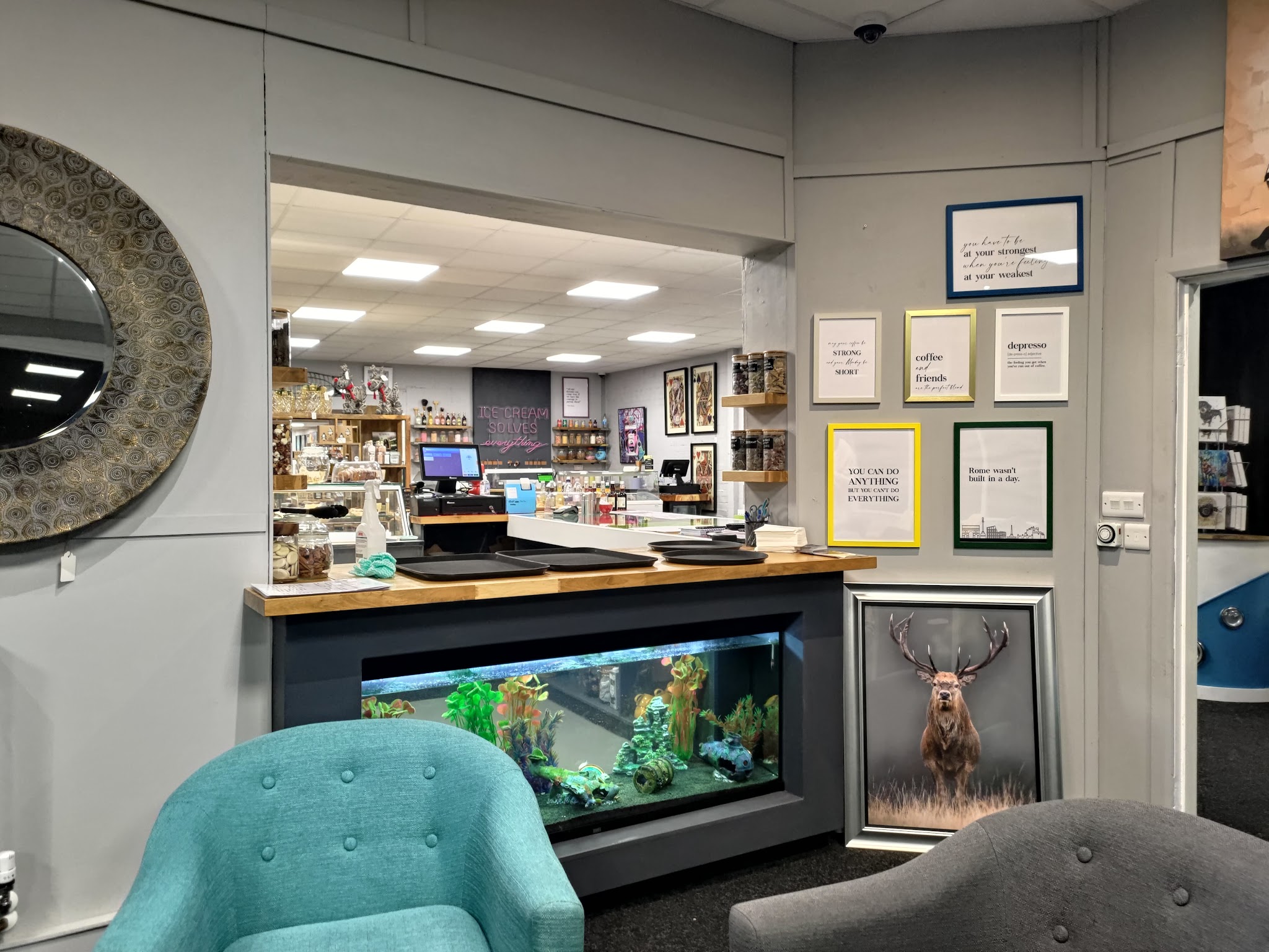 The coffee shop counter with a large aquarium built into the front and teal armchairs